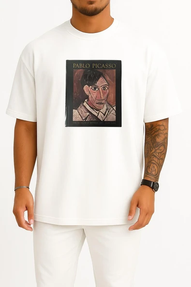 Oversize Pablo Picasso, Retrospektif Picasso'nun Mavi Dönemi Göğüs Tasarımlı Unisex T-Shirt ürün görseli 1