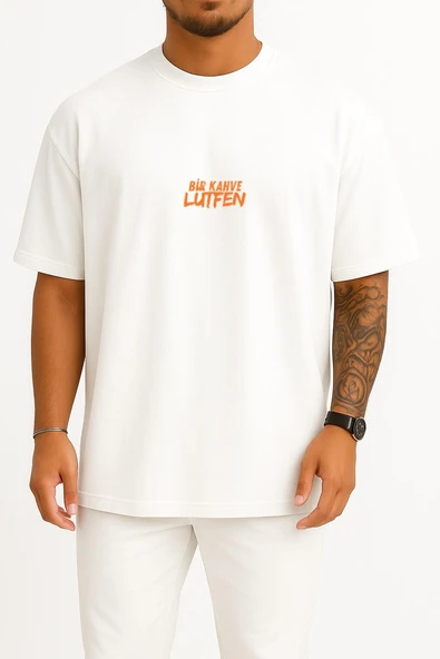 Oversize Bir Kahve Lütfen Yazılı Göğüs Tasarımlı Unisex T-Shirt ürün görseli 1