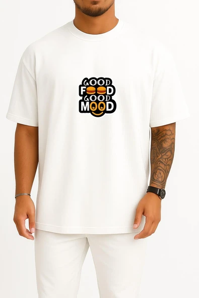 Oversize Good Food Good Mood Göğüs Tasarımlı Unisex T-Shirt ürün görseli 1