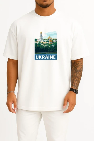 Oversize Ukrayna Göğüs Tasarımlı Unisex T-Shirt ürün görseli 1