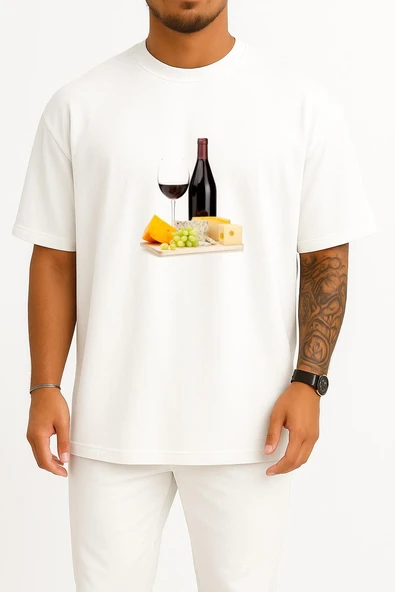 Oversize Peynir Tabağı Ve Wine Göğüs Tasarımlı Unisex T-Shirt ürün görseli 1
