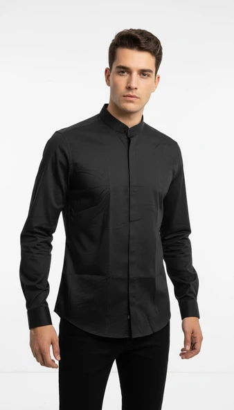 Erkek Hakim Yaka Slim Fit Gömlek – Şık, Modern, Uzun Kollu, Düz Model ürün görseli 1