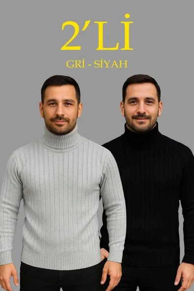 Erkek Fitilli Triko Kazak 2li Set Gri Siyah Regular Balıkcı Yaka Tam Boğazlı Triko Seti Modeli Kazak ürün görseli 1
