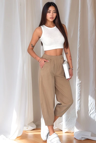 Kadın Pamuklu Bel Lastikli Dikiş Detaylı Camel Gabardin Kumaş Pantolon ürün görseli 1