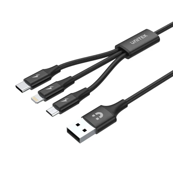 UNITEK USB-A 3in1 HIZLI SARJ KABLOSU 1.2MT 2.4A MICRO USB, TYPE-C, LIGHTNING C14049BK ürün görseli 1