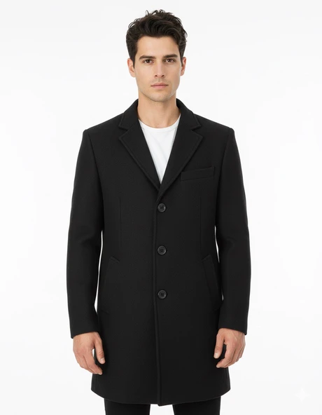 Süvari Slim Fit Sivri Yaka Erkek Koyun Yünlü Kaban ürün görseli 1