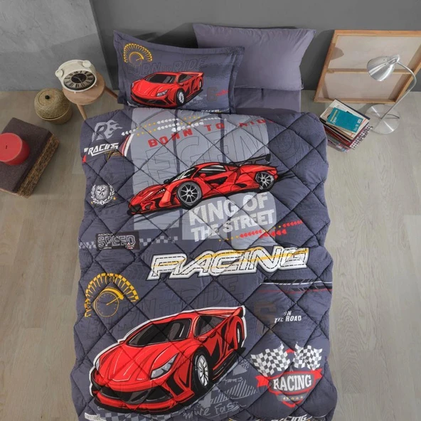Clasy Ranforce %100 Pamuk Tek Kişilik Yorgan Seti Racing Team V1 Mavi ürün görseli 1