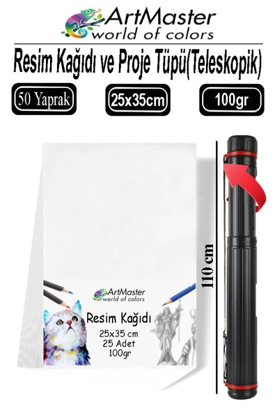 Proje Tüpü Dar 1 Adet 25x35 cm Resim Kağıdı 50 Adet Bazuka Proje Tüpü Silindir ve Resim Kağıdı Seti Çizim Seti ürün görseli 1