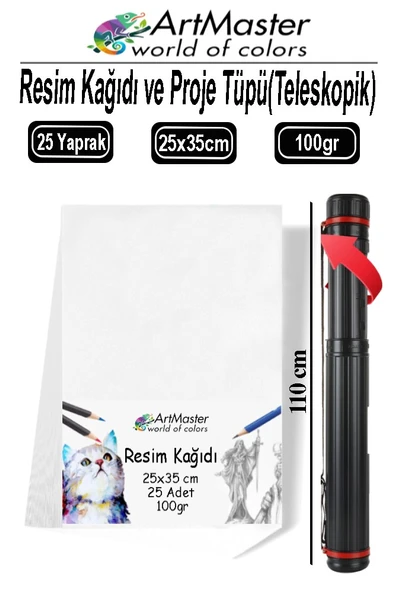 Proje Tüpü Dar 1 Adet 25x35 cm Resim Kağıdı 25 Adet Bazuka Proje Tüpü Silindir ve Resim Kağıdı Seti ürün görseli 1