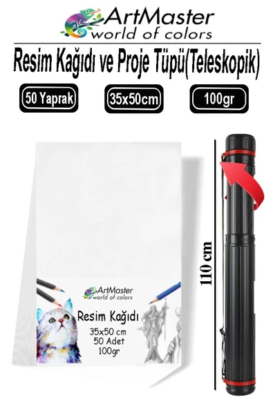 Proje Tüpü Dar 1 Adet 35x50 cm Resim Kağıdı 50 Adet Bazuka Proje Tüpü Silindir ve Resim Kağıdı Seti Çizim Seti ürün görseli 1