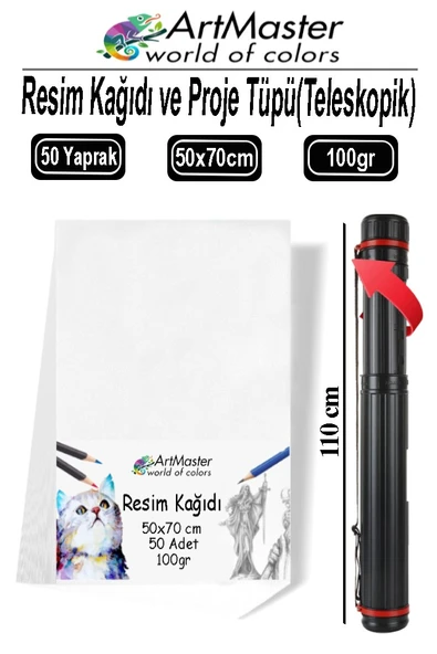 Proje Tüpü Dar 1 Adet 50x70 cm Resim Kağıdı 50 Adet Bazuka Proje Tüpü Silindir ve Resim Kağıdı Seti Çizim Seti ürün görseli 1