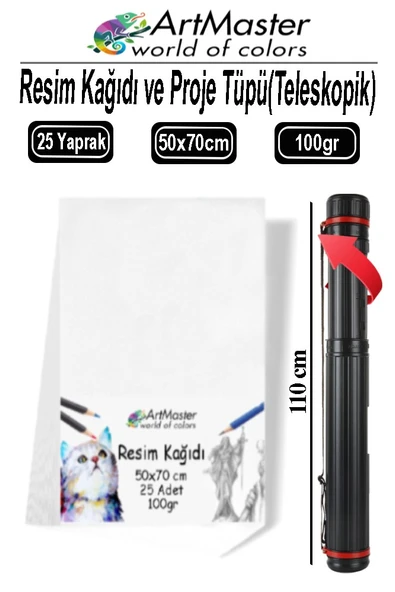 Proje Tüpü Dar 1 Adet 50x70 cm Resim Kağıdı 25 Adet Bazuka Proje Tüpü Silindir ve Resim Kağıdı Seti ürün görseli 1