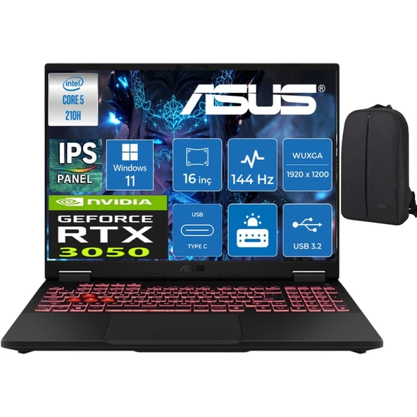 Tuf Gaming F16 FX607VJ Intel Core 5 210H 24 GB 1 Tb SSD RTX3050 144HZ IPS 16" Wuxga Windows 11 Pro Gaming Laptop RL033 & Cimete Çanta ürün görseli 1