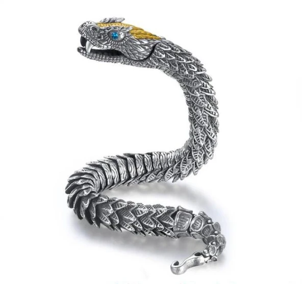 Viking Yılan Başlı 925 Ayar Gümüş Bileklik 25,5cm 83 Gram Sertifikalı ürün görseli 1