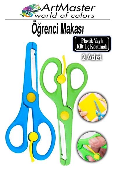 Öğrenci Makası Mavi Yeşil Renkli 2 Adet Plastik Küt Uç Yaylı Korumalı Çocuk Makası Ana Sınıfı Okul Makası Okul Öncesi ürün görseli 1