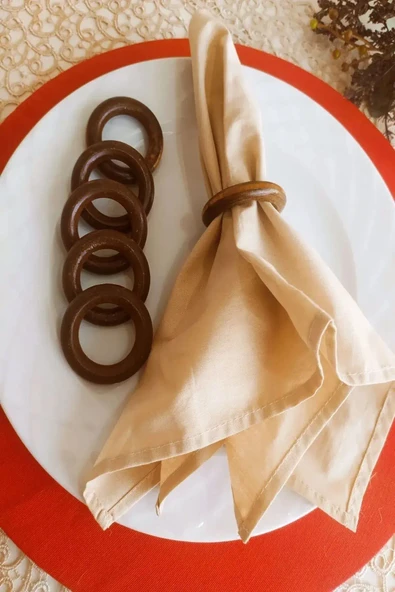 6'lı Kahverengi Vintage Ahşap Halka Peçete Yüzüğü Peçetelik Peçete Halkası Hediyelik ürün görseli 1