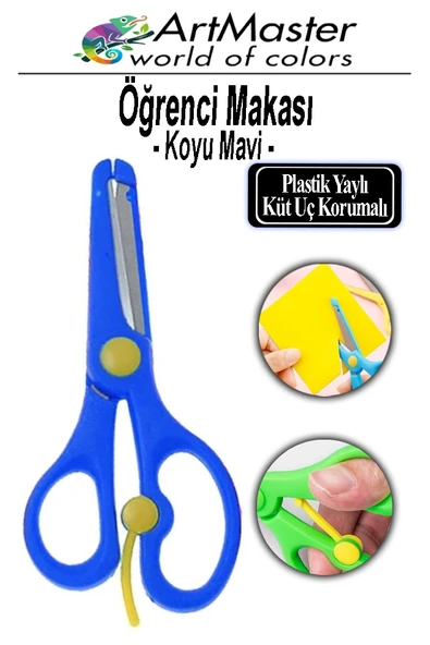 Öğrenci Makası Koyu Mavi 1 Adet Plastik Küt Uç Yaylı Korumalı Çocuk Makası Ana Sınıfı Okul Makası Okul Öncesi Kreş ürün görseli 1