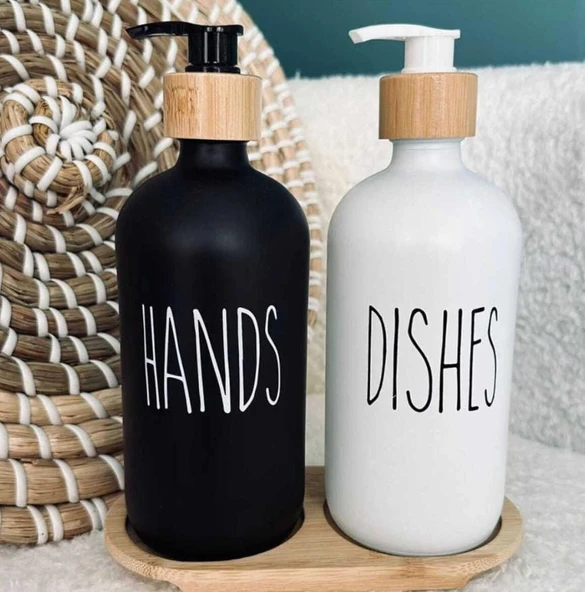 2’li Hands Dishes Siyah Beyaz Dekoratif Mutfak Banyo Sıvı Cam Sabunluk Seti 500ml Bambu Stantlı Set ürün görseli 1
