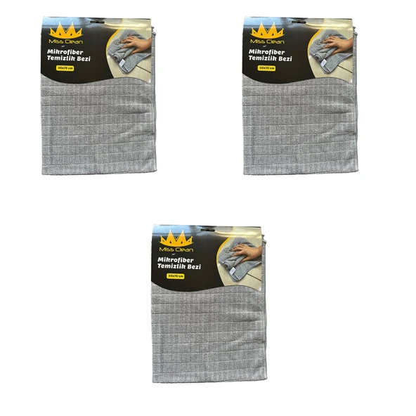 Miss Clean Mikrofiber Kareli Yüzey Cam Temizlik Bezi 50x70 Cm Süper Emici - 320 Gr. - Gri - 3 Adet ürün görseli 1