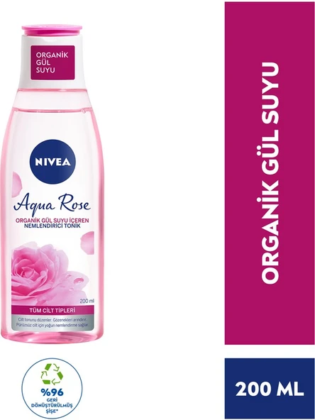 Nivea Aqua Rose Organik Gül Suyu İçeren Nemlendirici Tonik (200ml) Tüm cilt tipleri için 24 Saat Yüz Nemlendirici ürün görseli 1