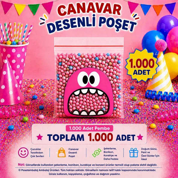 1.000 Adet Pembe Canavar Desenli Cake Pop & Kurabiye Poşeti-10x15 cm ürün görseli 1