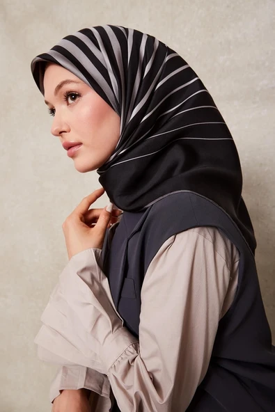 Şerit Desen Twill İpek Eşarp-0909 - Resim 6