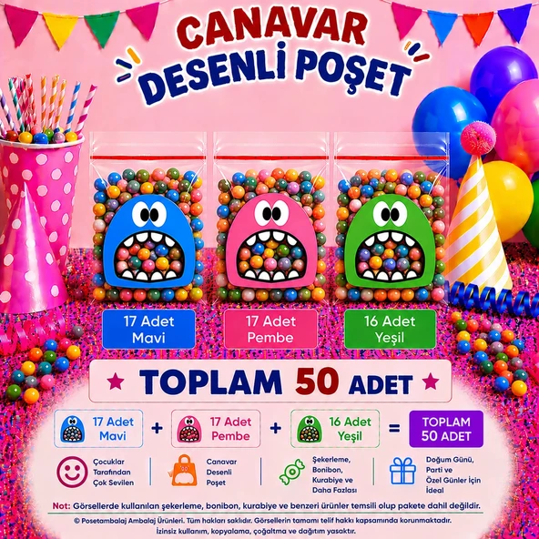 50 Adet Mavi-Pembe-Yeşil Renkli Canavar Desenli Cake Pop & Kurabiye Poşeti-10x15 cm ürün görseli 1