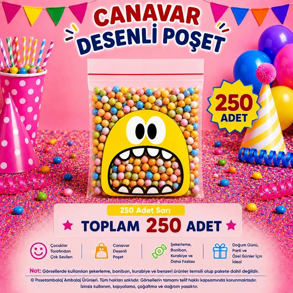 250 Adet Sarı Canavar Desenli Cake Pop & Kurabiye Poşeti-10x15 cm ürün görseli 1