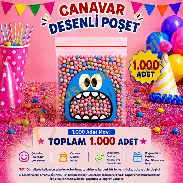 1.000 Adet Mavi Canavar Desenli Cake Pop & Kurabiye Poşeti-10x15 cm ürün görseli 1