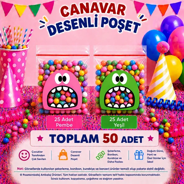 50 Adet Pembe-Yeşil Renkli Canavar Desenli Cake Pop & Kurabiye Poşeti-10x15 cm ürün görseli 1