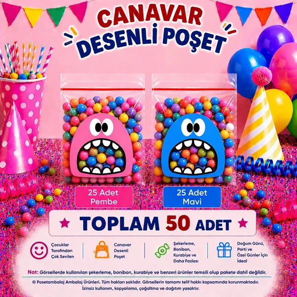 50 Adet Pembe-Mavi Renkli Canavar Desenli Cake Pop & Kurabiye Poşeti-10x15 cm ürün görseli 1