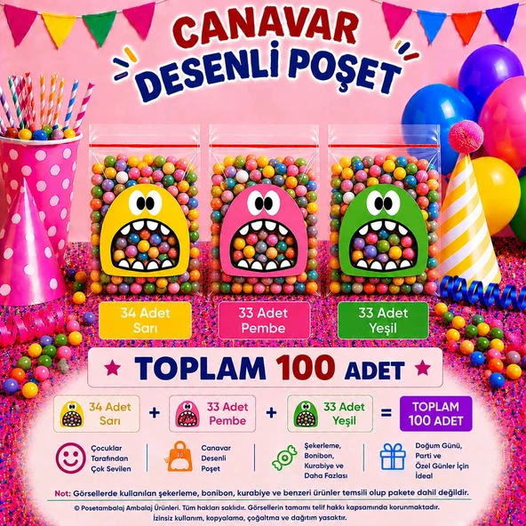 100 Adet Sarı-Pembe-Yeşil Renkli Canavar Desenli Cake Pop & Kurabiye Poşeti-10x15 cm ürün görseli 1