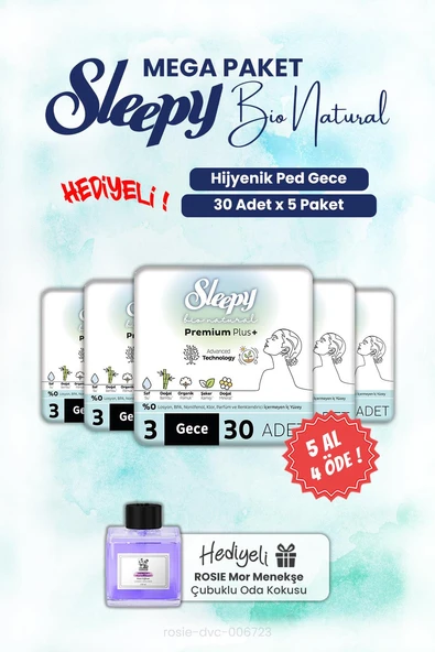 Sleepy 5 AL 4 ÖDE Bio Natural Hijyenik Ped Gece 30'lu ve ROSIE oda kokusu ürün görseli 1