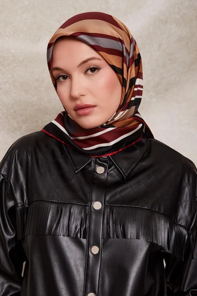 Kare Desenli Twill İpek Eşarp-0920 - Resim 4