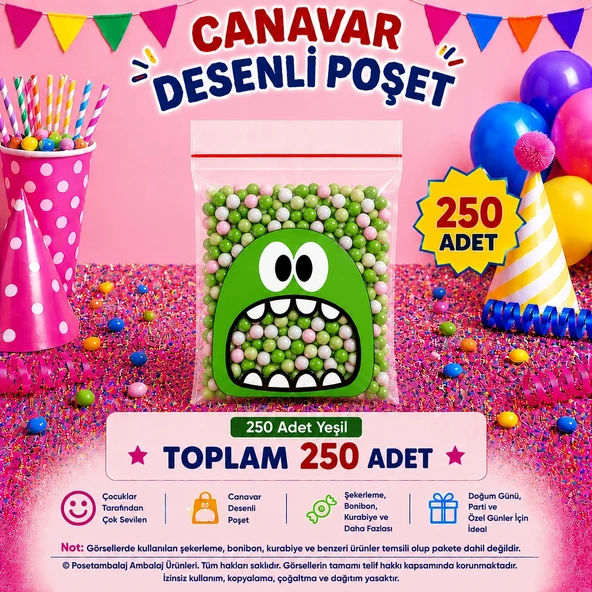 250 Adet Yeşil Canavar Desenli Cake Pop & Kurabiye Poşeti-10x15 cm ürün görseli 1