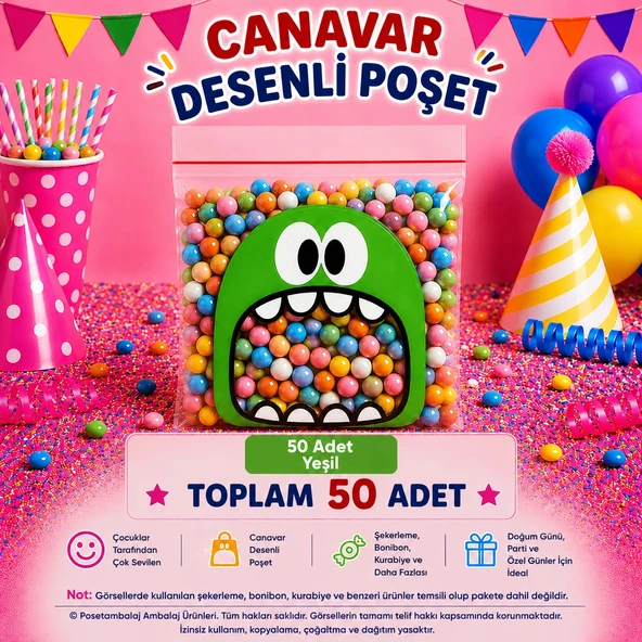 50 Adet Yeşil Canavar Desenli Cake Pop & Kurabiye Poşeti-10x15 cm ürün görseli 1