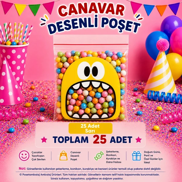25 Adet Sarı Canavar Desenli Cake Pop & Kurabiye Poşeti-10x15 cm ürün görseli 1