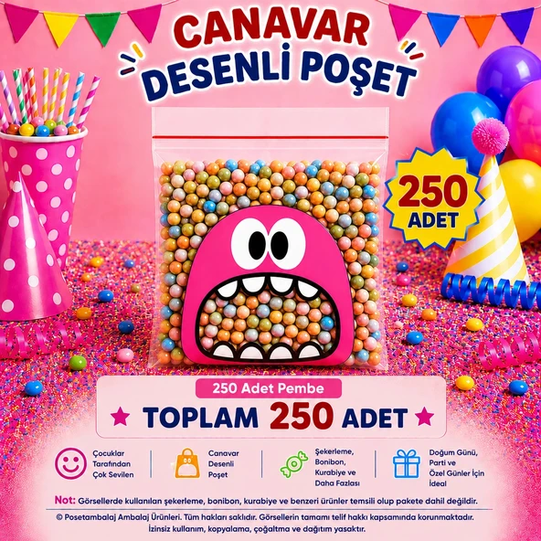 250 Adet Pembe Canavar Desenli Cake Pop & Kurabiye Poşeti-10x15 cm ürün görseli 1