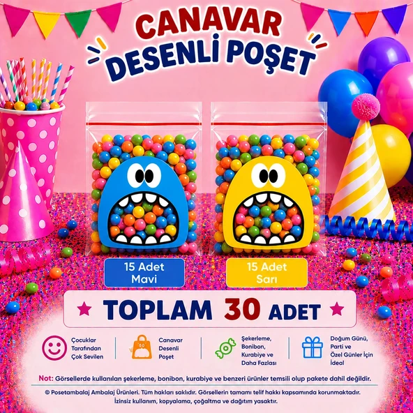 30 Adet Mavi-Sarı Renkli Canavar Desenli Cake Pop & Kurabiye Poşeti-10x15 cm ürün görseli 1