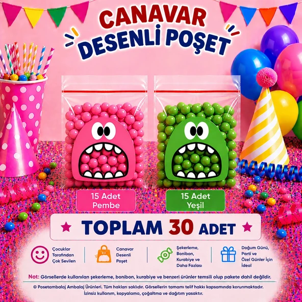 30 Adet Pembe-Yeşil Renkli Canavar Desenli Cake Pop & Kurabiye Poşeti-10x15 cm ürün görseli 1