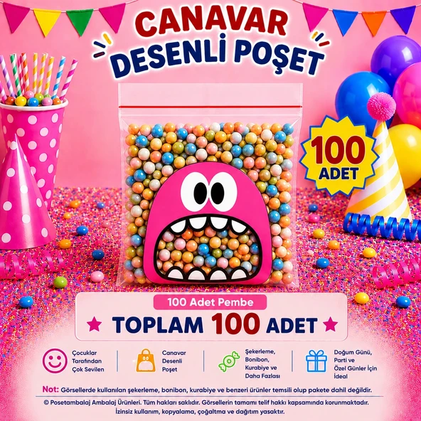 100 Adet Pembe Canavar Desenli Cake Pop & Kurabiye Poşeti-10x15 cm ürün görseli 1