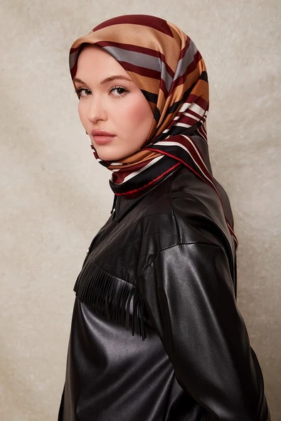 Kare Desenli Twill İpek Eşarp-0920 - Resim 5