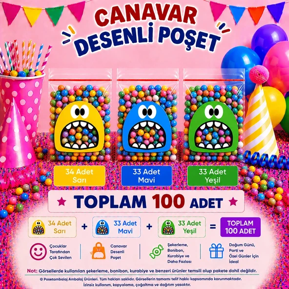 100 Adet Sarı-Mavi-Yeşil Renkli Canavar Desenli Cake Pop & Kurabiye Poşeti-10x15 cm ürün görseli 1