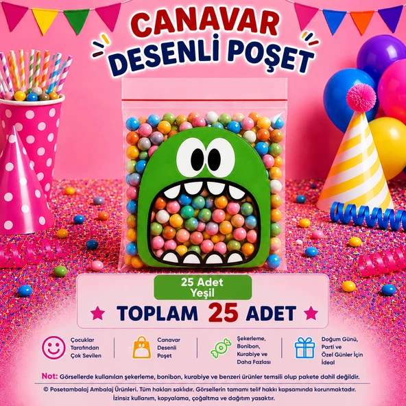 25 Adet Yeşil Canavar Desenli Cake Pop & Kurabiye Poşeti-10x15 cm ürün görseli 1