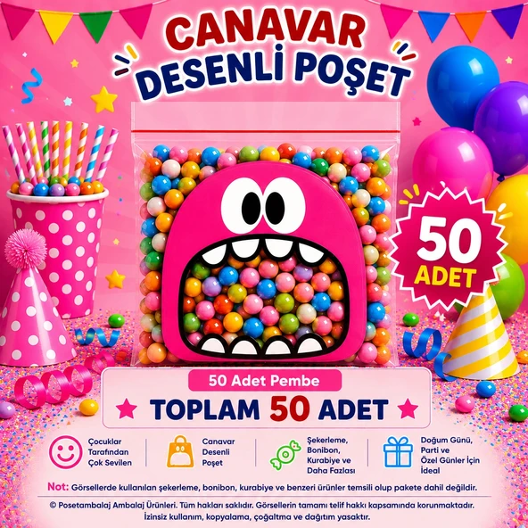 50 Adet Pembe Canavar Desenli Cake Pop & Kurabiye Poşeti-10x15 cm ürün görseli 1