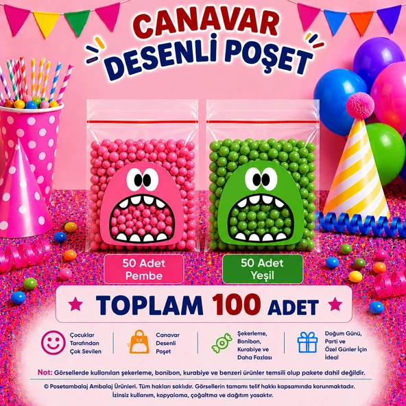 100 Adet Pembe-Yeşil Renkli Canavar Desenli Cake Pop & Kurabiye Poşeti-10x15 cm ürün görseli 1