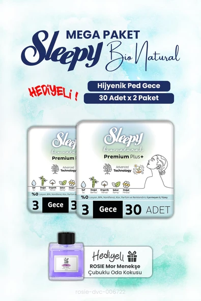 Sleepy Bio Natural Hijyenik Ped Gece 30'lu x2 ve ROSIE oda kokusu ürün görseli 1