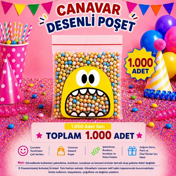 1.000 Adet Sarı Canavar Desenli Cake Pop & Kurabiye Poşeti-10x15 cm ürün görseli 1