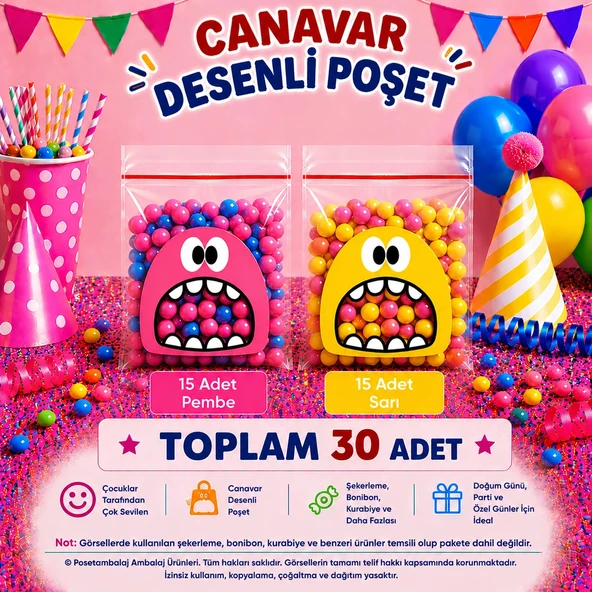 30 Adet Pembe-Sarı Renkli Canavar Desenli Cake Pop & Kurabiye Poşeti-10x15 cm ürün görseli 1
