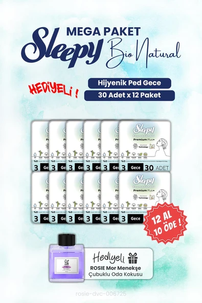 Sleepy 12 AL 10 ÖDE 30'lu Bio Natural Hijyenik Ped Gece ve ROSIE oda kokusu ürün görseli 1